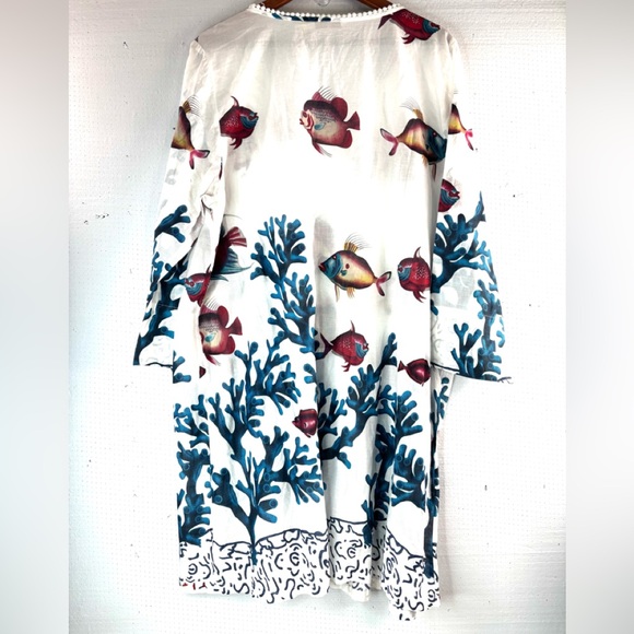 Soft Surroundings 1X Tropical Fish n Coral White Cotton Smocked Dress - Picture 4 of 8